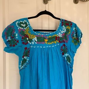 Vintage bright blue, hand made embroidered dress
